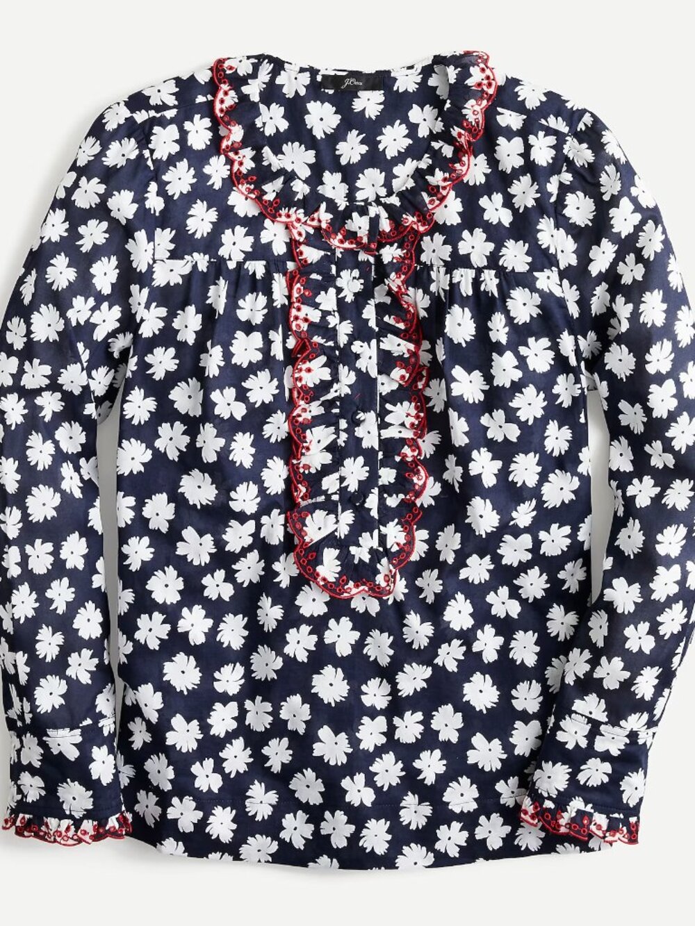 EUC J. Crew Embroidered Navy Daisy Print Ruffle-Trim Blouse w/Red Accents size L